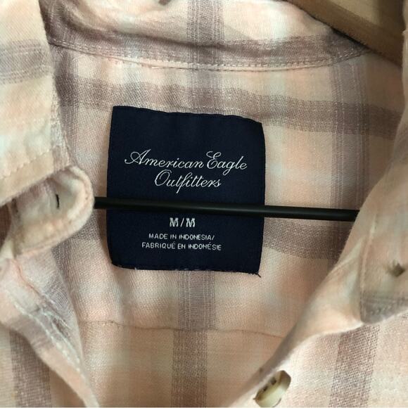 American Eagle AEO Soft Light Pink Brown Plaid Flannel Button Up Shirt Top - Picture 5 of 7